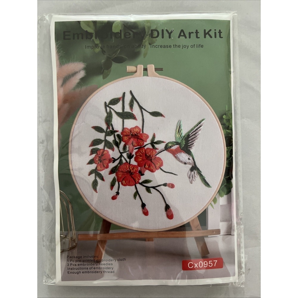 Embroidery DIY Art KIT With Pre-Printed Cloth & Threads HUMMINGBIRD‎ NEW